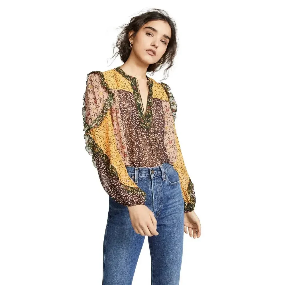 Ulla Johnson Norma Blouse Tropical Silk Blend Top Women Sz 0 Mixed Print Boho